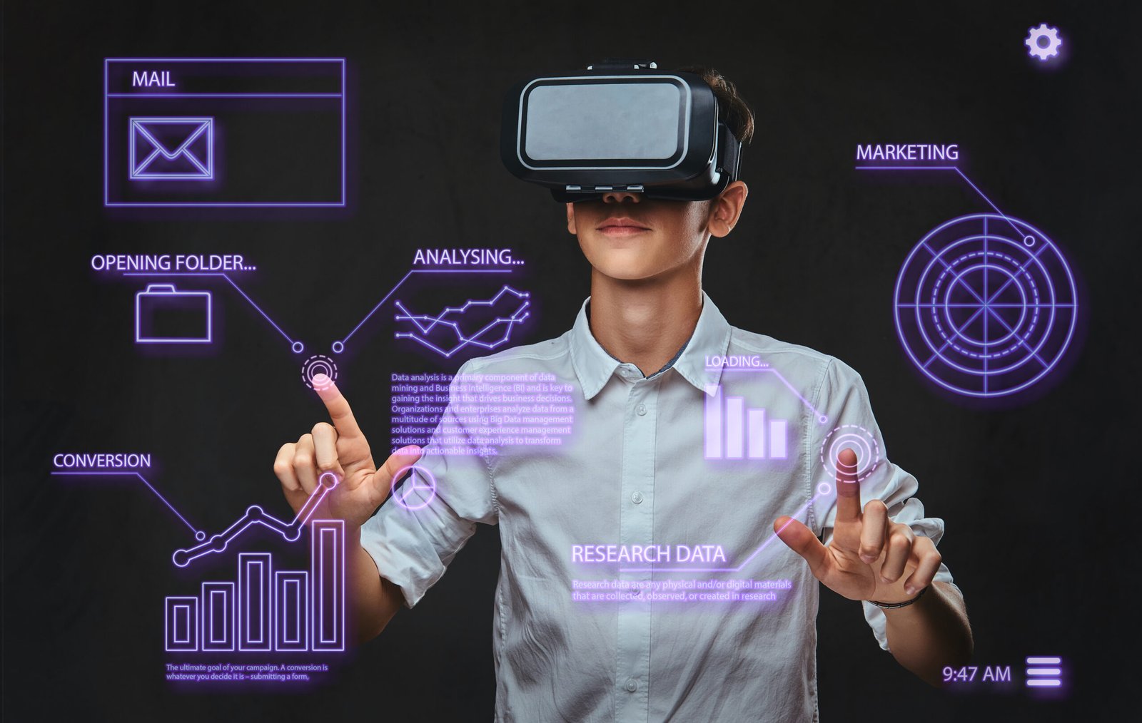 Teenager dressed in a white t-shirt using virtual reality glasses with graph charts, numbers, lines. Technology concept.